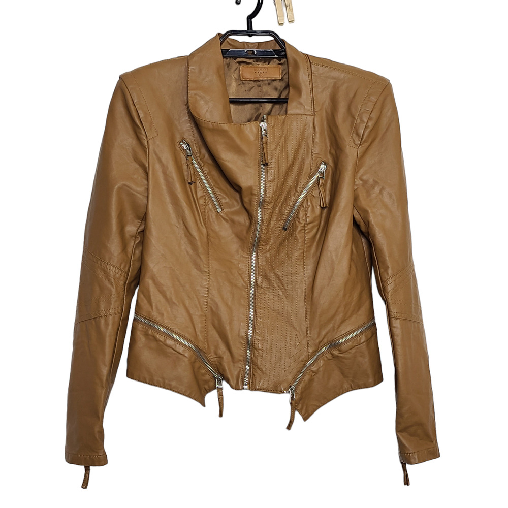 Blank NYC Vegan Leather Moto Jacket Size Medium Brown Fitted Zipper Detail